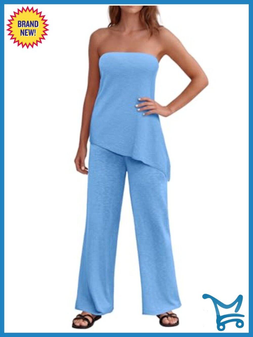 Women's Summer Knit 2 Piece Set Strapless Tube Top Wide Leg Pants Vacation